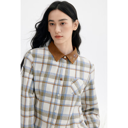 Birds and New Wine Embroidered Lapel Contrast Color Long Sleeve Shirt Women's 2025 Winter New Style Loose Plaid Top Plaid Light Blue HMH02 S