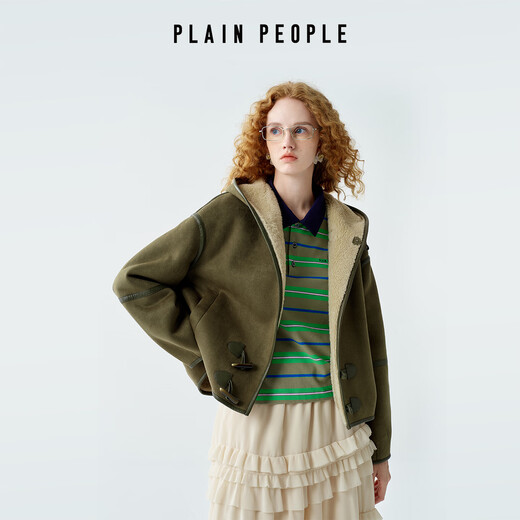PLAIN PEOPLE Retro College Contrast Color Hooded Textured Horn Button Thick Jacket Women's Green 2025 Winter Olive Green M