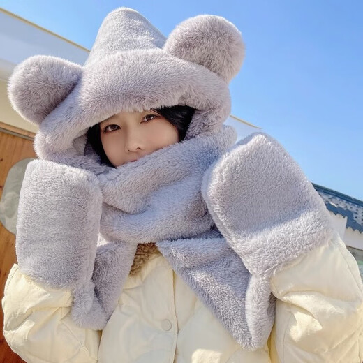 Winter three-piece set, winter cute plush hooded scarf, all-in-one warm gloves, ear protection, neck scarf, bear hat for women, khaki M mark, three-piece set