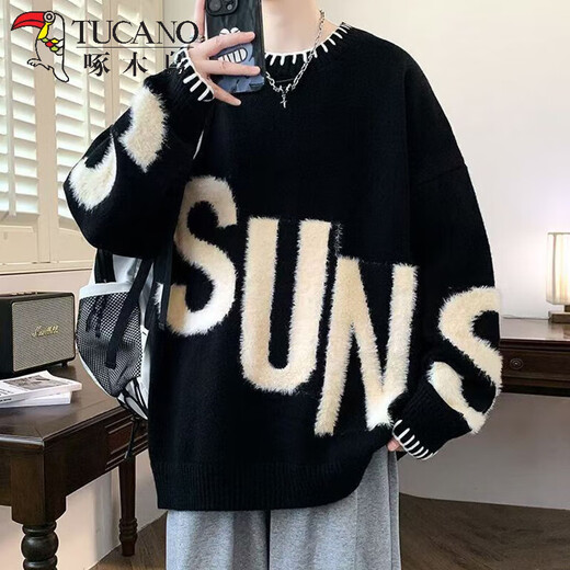 Woodpecker Trendy Sweater Men's New Autumn and Winter Knitted Sweater Men's Letter Jacquard Loose Warm Teenagers Basement Clothes 2566 Black XL Recommended 115-135Jin Jin equals 0.5 kg