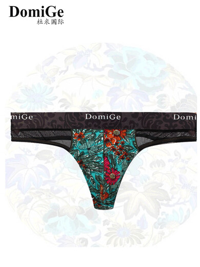 Dumi sexy fitness men's thong transparent ice silk cute underwear single T-pants hollow print summer black bottom print 5461 M1.9-2.2 feet