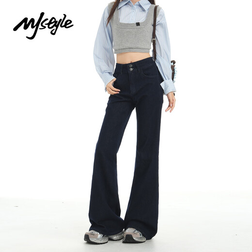 MJ STYLE American high-waisted boot-cut pants for women 2025 new autumn women's loose slimming bell-bottom jeans dark blue S