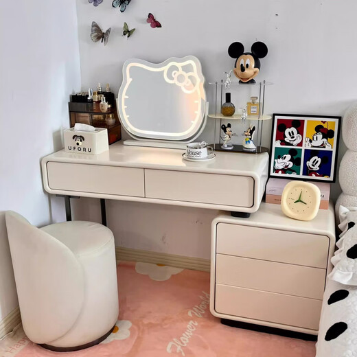 Mirror Kitty Makeup Mirror LED Desktop with Lights Smart Rechargeable Bedroom Makeup Mirror Hello Kitty Internet Celebrity Mirror Cat Large Milky White_Rechargeable Model