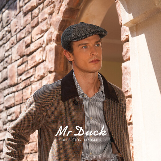 Mr DUCK Prussia winter octagonal beret handmade woolen men's herringbone literary intellectual newsboy cap herringbone dark gray (thick and warm)-MW56165 L (suitable for 58-59cm head circumference)