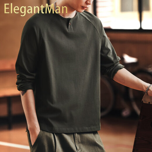 ElegantMan's beautiful retro tough guy Henry collar long-sleeved T-shirt men's autumn new loose cotton bottoming shirt top dark green M_Suitable for 110-130Jin Jin equals 0.5 kg