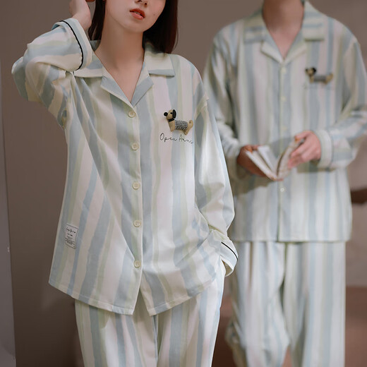 Mrs. Slee Sleep TIGHT pajamas couple wear for one man and one woman spring and autumn 2025 new pure cotton long-sleeved light luxury style striped men's home wear M98395-Men's L