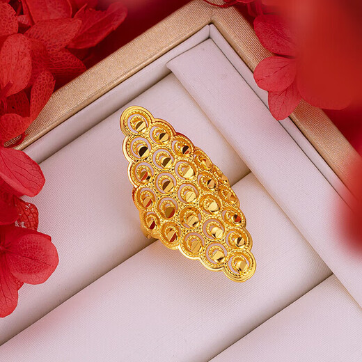 Keshan quality light luxury 999 Bengal red gold sand gold hollow women's flower big ring imitation gold color women's fashion personality diamond double leaf ring Lao Fengxiang quality