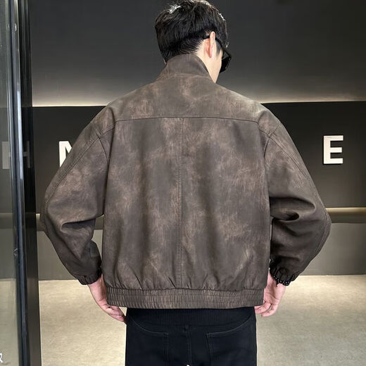 Leather jacket men's autumn trendy brand 2025 new lapel short style slim solid color leather jacket casual handsome men's jacket coffee color XL recommended weight 115-130Jin Jin equals 0.5 kg