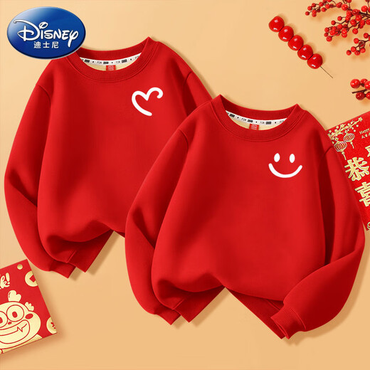 Disney (Disney) 2025 parent-child clothing for a family of three activity clothes plus velvet red sweatshirt early autumn children's clothing top group clothing red - simple smiley - plus velvet 150 cm