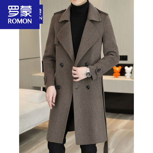 ROMON woolen coat men's mid-length handsome belt slim cashmere woolen coat wool double-sided woolen windbreaker black. M 170 recommended 90-110 Jin Jin equals 0.5 kg