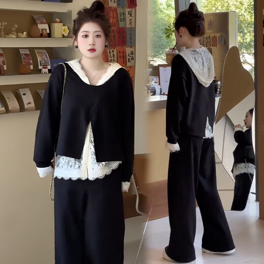 Fantan fat mm three-piece set spring and autumn plus size women's loose belly-covering sweatshirt lace top wide-leg pants suit for women black top + lace bottoming + casual pants (three-piece set) 3XL - recommended 160-190Jin Jin is equal to 0.5 kg