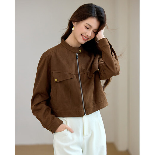 TERRE BLEUE Casual Work Jacket 2025 Spring and Autumn New Product Small Stand Collar Suede Short Jacket Women Brown S