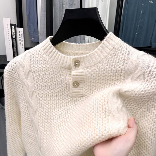 EMZ Ordos men's thick woolen sweater Henry collar button autumn and winter young and middle-aged stand collar casual sweater wool pine gray brown S 165