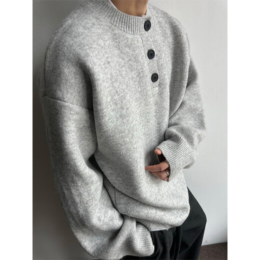 Main style (ZHUYIFAN) Light Gray Henley Collar Plush Sweater Men's Winter Lazy Style Knitted Sweater American Retro Wool Sweater Light Gray Upgraded 90% Buyers Choose XL