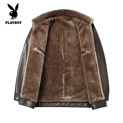Playboy (PLAYBOY) chaqueta de cuero genuino Haining de alta gama para hombres en invierno nuevo estilo de piel con solapa integrada chaqueta de piel de oveja de primera capa forro de terciopelo de cordero negro cálido y engrosado 2XL 185 recomendado 140-155 Jin Jin equivale a 0,5 kg