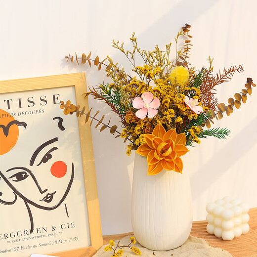 High-end dried flower bouquet, real flowers, immortal flowers, living room decorations, coffee table, entrance hall, bedroom, light luxury decoration, simple setting sun, broken dreams + leather vase