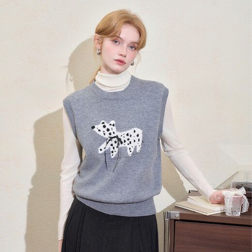 Westlink Westlink cute polka dot puppy knitted vest for women winter new versatile round neck pullover loose sweater gray M