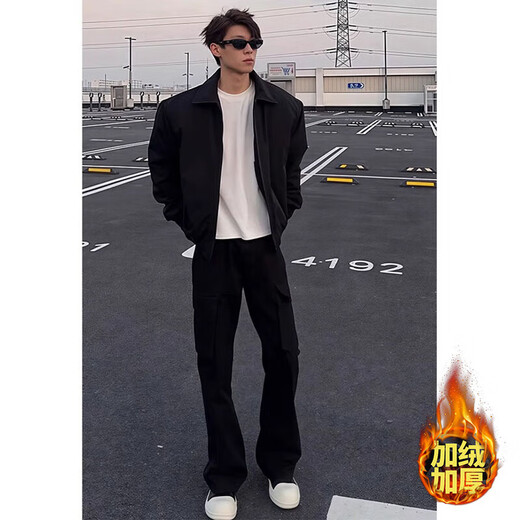 7 high-quality Hong Kong style casual jackets for men, autumn and winter quilted warm lapel jackets, men's work clothes, pilot cotton coats, cotton clothes, GWHG-3386 black XL