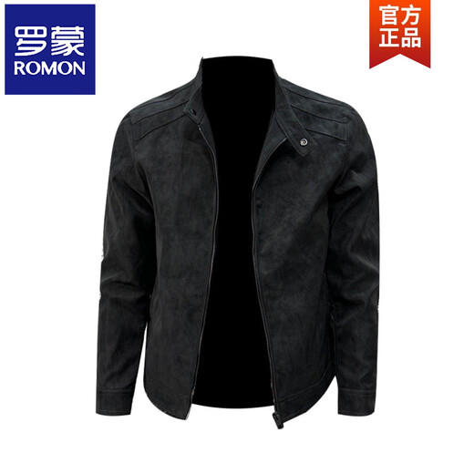 ROMON suede leather jacket men's plus velvet spring, autumn and winter handsome stand-up collar slim fit thickened casual pu leather jacket black M