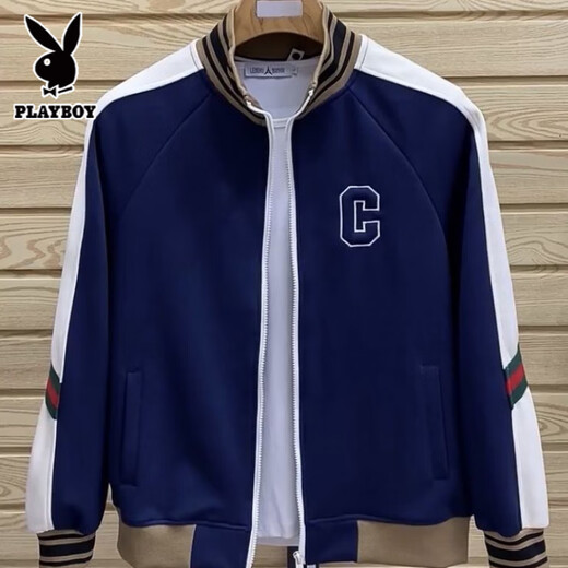 Playboy Spring and Autumn New Light Luxury Versatile Sports and Leisure Suit Men's Letter C Stand Collar Jacket Fashionable and Handsome Two-piece Set Black Complete Set 2XL 110-130Jin Jin is equal to 0.5 kg