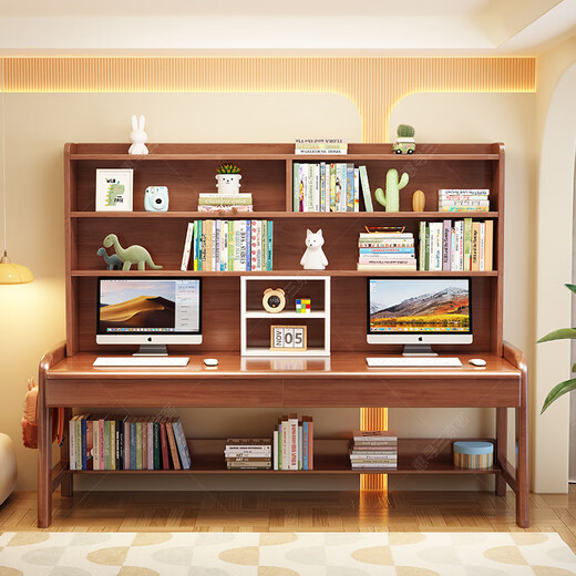Huixun solid wood double desk bookshelf integrated home liftable children's study table study student study desk writing desk walnut color #desk + bookshelf 160cm*60cm*75cm total height 190cm