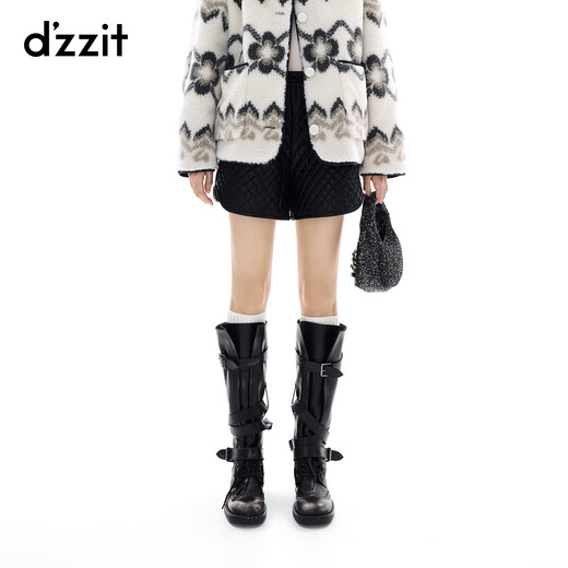 DZZIT shorts 2025 winter new modern diamond pattern thick eco-friendly leather pants for women 3J4Q1051A Black M