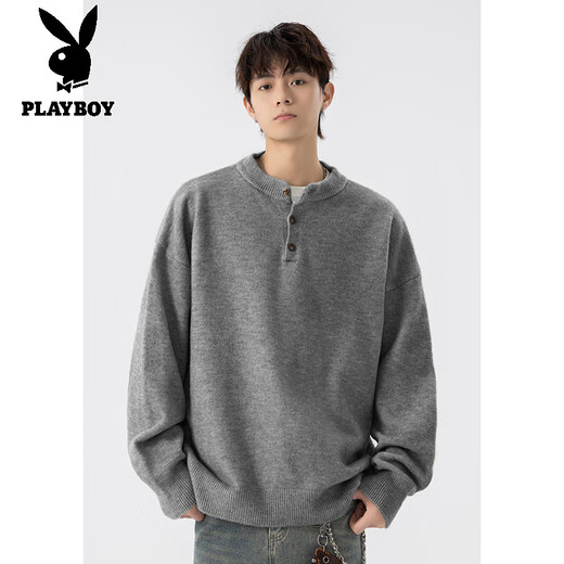 Playboy (PLAYBOY) brand sweater men's new winter henley collar sweater men's Japanese loose casual simple bottoming shirt men's apricot M