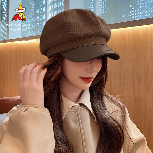 Scarecrow Hat Women's Autumn and Winter Octagonal Hat New Face Revealing Small Japanese Newsboy Painter Hat Big Head Beret Brown M