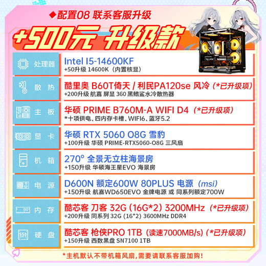 ASUS family bucket 13400F/14600KF/RTX5060 independent display sea view room assembly computer game e-sports live rendering design desktop host DIY complete machine I5 14600KF+RTX5060 | High-end version