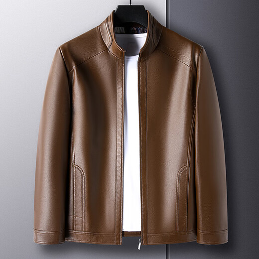 Lilang leather jacket men's autumn and winter new men's stand-up collar soft leather jacket middle-aged men's loose casual leather jacket brown cotton thickened L 175 (recommended weight 115-130)