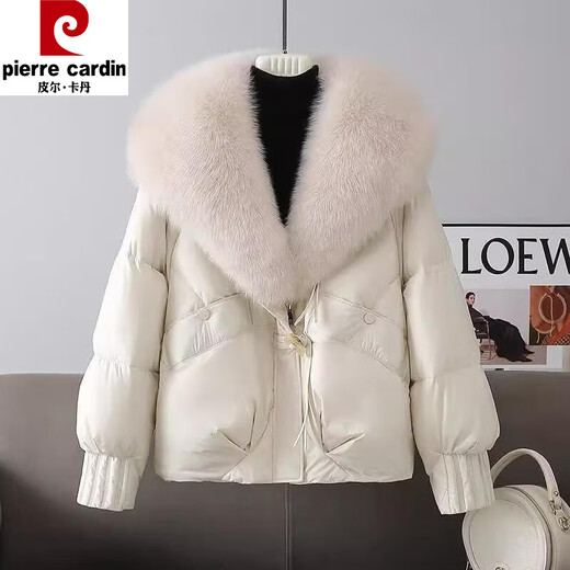 Pierre Cardin Beige Large Fur Collar Thickened Warm Down Cotton Jacket Women's 2025 Season New Horn Button Bread Jacket Trendy Black Cotton Jacket Black Fur Collar M Recommended 90-115 Jin Jin equals 0.5 kg