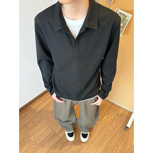 Floral Gray Waffle Henley Collar Long Sleeve T-Shirt Men's Summer American Lapel Polo Shirt Premium Heavyweight Sweatshirt Gray Upgraded M