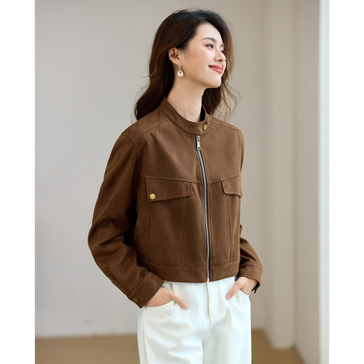 TERRE BLEUE Casual Work Jacket 2025 Spring and Autumn New Product Small Stand Collar Suede Short Jacket Women Brown S