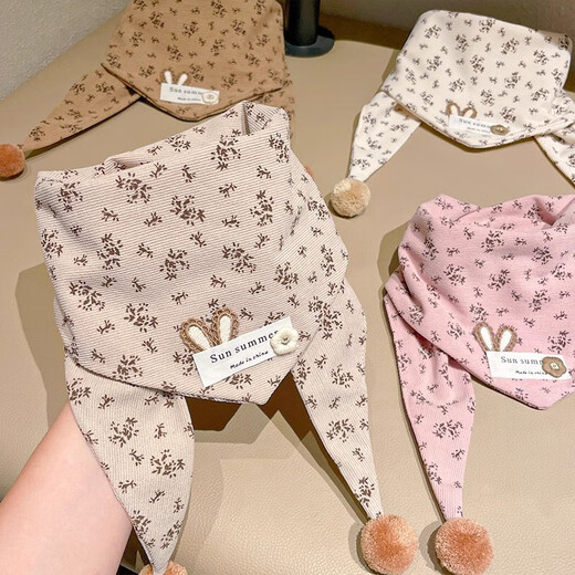 Children's floral scarf, windproof and warm scarf, baby cold-proof neck scarf, autumn and winter style, cute polka dot triangle scarf for girls, 2# pink floral rabbit triangle scarf, no Specifications