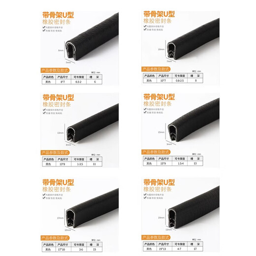 Tamushi rubber edging strip U-shaped skeleton sealing strip mechanical sheet metal bridge anti-cut hand decorative mouth protection strip card strip 7mm wide 10mm high card 0.8-2.5mm - black - 5 meters
