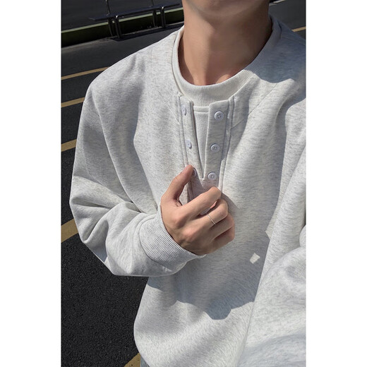 Fake two-piece Henry collar velvet sweatshirt men's autumn and winter cleanfit heavyweight inner layering shirt V-neck long-sleeved t-shirt white flower gray (plus velvet) plus velvet 2XL