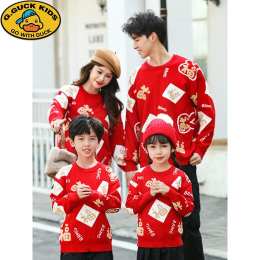G.duck New Year parent-child outfit sweater winter family of three festive thickened coat red mother and daughter mother and son high-end family portrait red sweater 165 adult size S