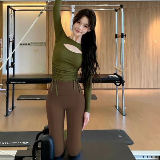 Maizun Yufu Yoga Wear Women's 2025 New Autumn and Winter Long Sleeve Yoga Wear Set Pilates Training Wear Fitness Wear Top Avocado Color Top + Chestnut Color Pants M (95-110Jin Jin is equal to 0.5 kg)