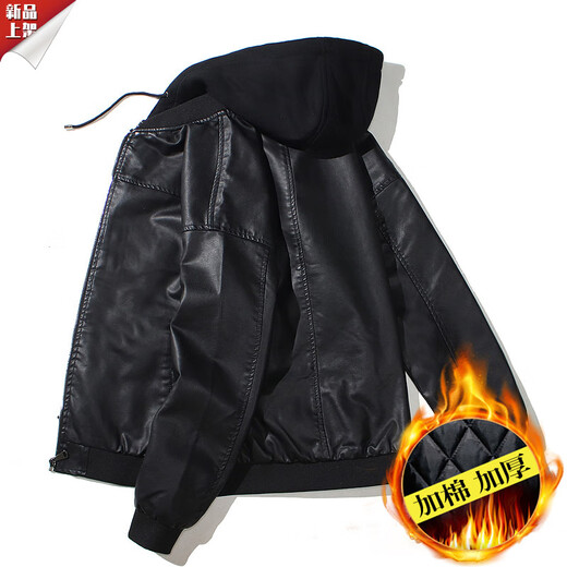 HKWZ Men's Hooded PU Leather Jacket Motorcycle Hooded Men's Youth Leather Jacket Cotton Spring Autumn Thickened Jacket Leather Jacket Cotton Style Black 2XL