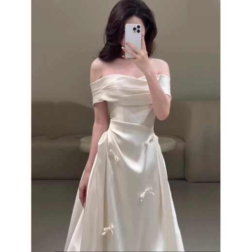 Grosfairy French satin other shoulder light wedding dress bride 2025 new style welcome door veil simple engagement dress white L