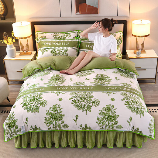 Nanjiren (Nanjiren) Jiangsu Nantong milk velvet four-piece set double-sided velvet new Chinese style French velvet baby velvet coral velvet winter quilt cover milk velvet - Monet Garden high weight thick warm bed skirt style 2.0m four-piece set - quilt cover 220x240cm