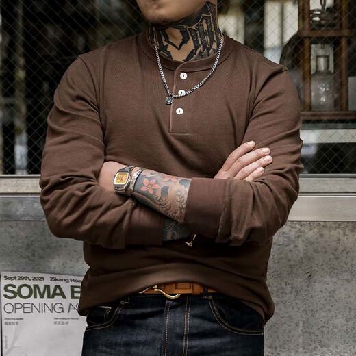 American retro Henry collar heavyweight T-shirt 280g thickened long-sleeved bottoming shirt tough guy men autumn and winter ivory white L L