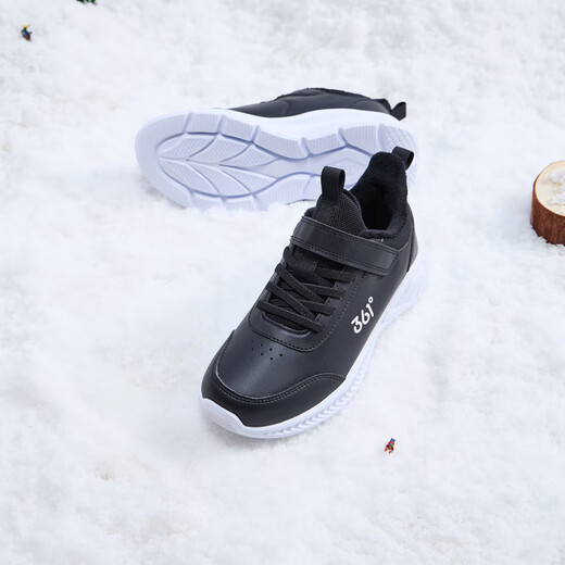 361°儿童运动鞋男童跑鞋秋冬密网轻便魔术贴女童皮革加绒保暖运动鞋 【皮革加绒】碳黑/361度白 33