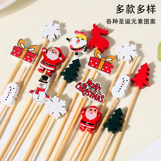 Follow-up Christmas fruit picks, Santa Claus, pine elk fruit picks, holiday decoration picks, fruit cocktail burgers, 12cm Christmas series, random 100 pieces