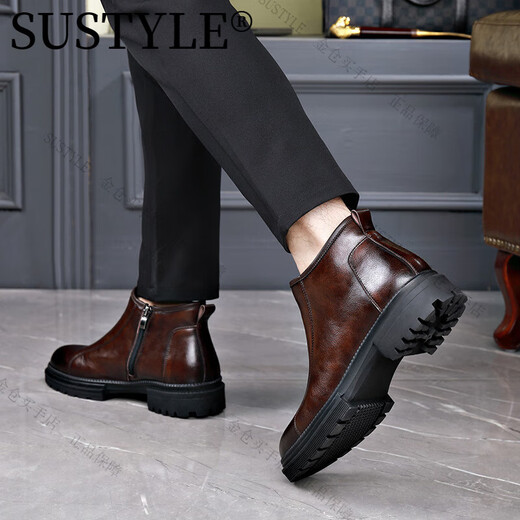 SUSTYLE高端品牌高档2025男士切尔西皮靴商务时装靴复古马丁靴男 棕色 单层 40 (皮鞋尺码)