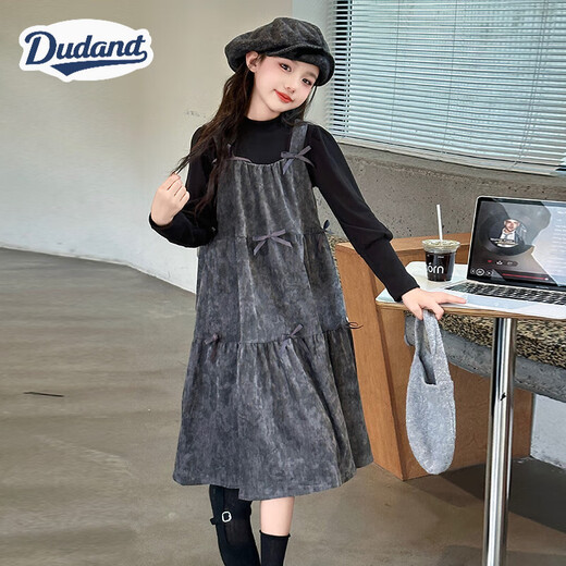 Dudant international brand girls' dress spring and autumn 2025 new children's long-sleeved princess dress autumn big children's girl suspenders alpaca shark pants + black inner + gray skirt 120 cm recommended height around 115