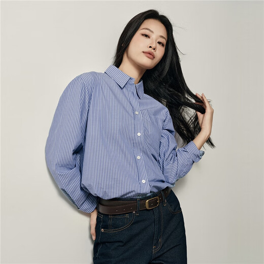 Giordano Korean star's same style commuting cotton pocket loose striped shirt women's long sleeve 05345890