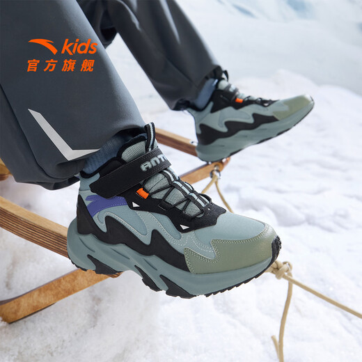 ANTA children's cotton shoes for boys and girls, mountain and river plus velvet to keep warm, 2025 autumn and winter new high-top Velcro anti-ski boots, recommended by the store manager, gray/black/slightly smoked green-6 38, shoe inner length 24cm