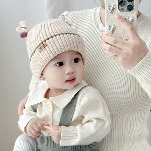 Baby Hat Autumn and Winter Pure Cotton Baby Antler Knitted Hat Thickened Warm Winter Infant and Child Wool Hat MY J Antler Straight Tong Hat - Beige One Size Recommended 5 months - 3 years old Head circumference 44-51cm