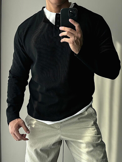 Waffle muscle henley long-sleeved t-shirt men's American cleanfit sweatshirt fake two-piece inner layering shirt black quality upgrade recommendation index S collection priority b